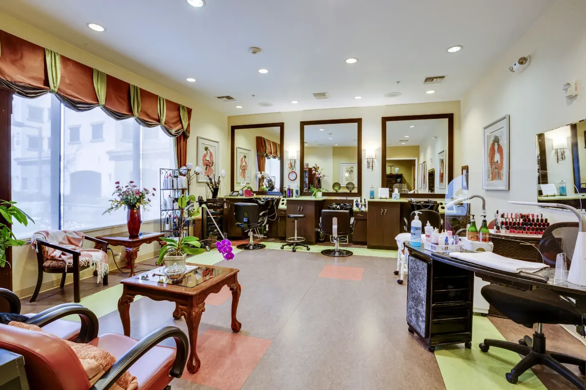 Alta Vista Senior Living Community Salon Prescott AZ Onsite beauty salon at Alta Vista Senior Living Community in Prescott AZ with styling stations and manicure area